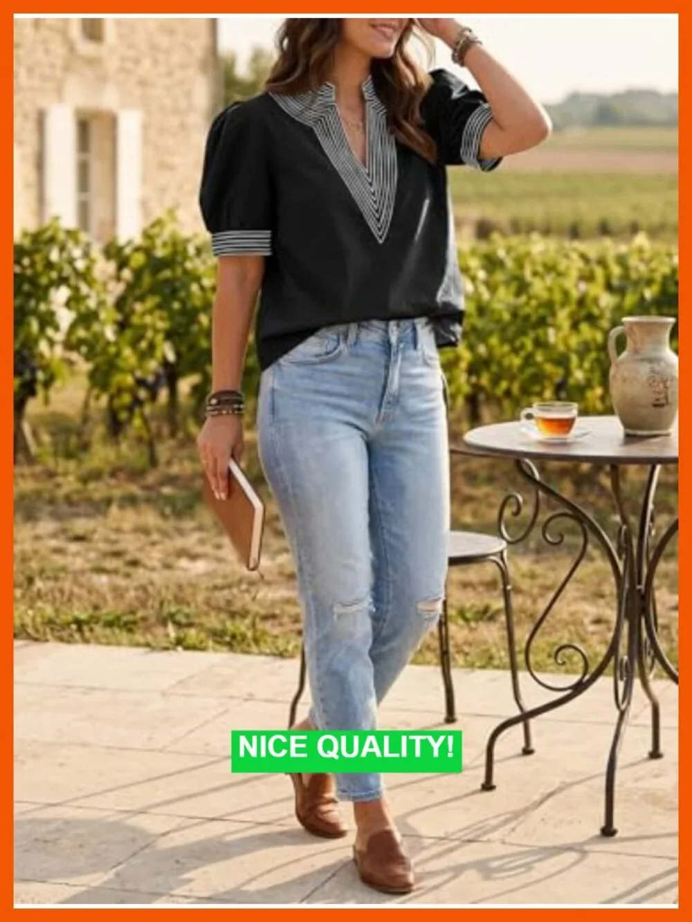 Puff Sleeve Blouse V Neck Contrast Stitch Tops Loose Fit Shirt Summer Casual - Picture 5 of 5